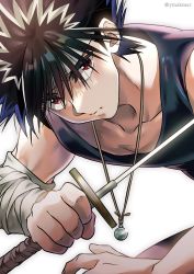 Rule 34 | 1boy, absurdres, bandaged arm, bandages, black hair, brown eyes, eyebrows, headband, hiei, highres, holding, holding sword, holding weapon, jewelry, looking at viewer, male focus, necklace, serious, spiked hair, sword, twitter username, upper body, weapon, white background, white hair, white headband, yuu (masarunomori), yuu yuu hakusho