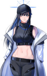 Rule 34 | 1girl, bare shoulders, baseball cap, belt, black belt, black hair, black hat, black pants, black shirt, blue archive, blue eyes, breasts, coat, commentary request, cornerofawell, cowboy shot, crop top, hat, highres, large breasts, leggings, long hair, long sleeves, looking at viewer, midriff, navel, off shoulder, open clothes, open coat, pants, saori (blue archive), shirt, simple background, sleeveless, sleeveless shirt, solo, standing, stomach, very long hair, white background, white coat