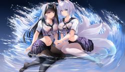 Rule 34 | 2girls, absurdres, alternate costume, animal ears, arm behind back, arms behind back, asymmetrical docking, azur lane, black bra, black hair, black neckerchief, blue eyes, blue skirt, blush, bra, breast press, breasts, clothes lift, crop top, expressionless, fox ears, fox girl, fox tail, frilled bra, frills, full body, hair between horns, hand up, highres, horns, in water, kaga (azur lane), kitsune, large breasts, leaning forward, leaning to the side, legs, legs folded, long hair, looking at viewer, medium breasts, medium hair, midriff, miniskirt, multiple girls, multiple tails, navel, neckerchief, noshiro (azur lane), oni, oni horns, pantyhose, partially submerged, pleated skirt, purple eyes, sailor collar, see-through, shirt, shirt lift, sitting, skirt, smile, tail, thighs, underwear, very long hair, wet, wet clothes, wet legwear, wet shirt, wet skirt, wet tail, white hair, white legwear, white shirt, xi ying