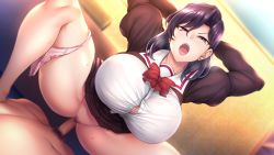 Rule 34 | 1girl, aiue oka, arms behind head, arms up, bow, bowtie, breasts, breath, button gap, censored, clothed female nude male, cowgirl position, earrings, game cg, girl on top, groin, himemiya suzuka, huge breasts, indoors, jewelry, legs, long sleeves, looking at viewer, lying, medium hair, mosaic censoring, nude, open mouth, original, panties, panties around leg, penis, pink eyes, pubic hair, puffy long sleeves, puffy sleeves, purple hair, pussy, red neckwear, saimin gakushuu -secret desire-, school uniform, sex, skirt, straddling, thick thighs, thighs, underwear, vaginal