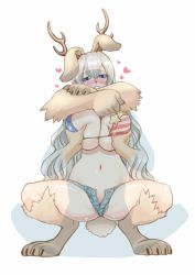 Rule 34 | 10s, 1girl, american flag bikini, american flag print, animal ears, animal hands, antlers, bikini, bikini top only, blue eyes, blush, breasts, eyebrows, flag print, full body, furry, grabbing, grabbing another&#039;s breast, heart, horns, hug, invisible man, jackalope, kalolo (monster musume), large breasts, long hair, monster girl, monster musume no iru nichijou, monster musume no iru nichijou online, navel, okayado, print bikini, rabbit ears, rabbit girl, rabbit paws, short shorts, shorts, silver hair, simple background, snout, solo focus, squatting, swimsuit, unbuttoned, very long hair, white background
