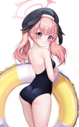 Rule 34 | 1girl, absurdres, alternate costume, ass, backless swimsuit, beret, blue archive, breasts, commentary, halo, hat, head wings, highres, innertube, koharu (blue archive), looking at viewer, looking back, medium breasts, medium hair, pink eyes, pink hair, simple background, solo, swim ring, swimsuit, white background, winged hat, wings, zangi (lkt2012)