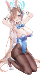 Rule 34 | 1girl, absurdres, animal ears, asuna (blue archive), asuna (bunny) (blue archive), blue archive, blue bow, blue bowtie, blue eyes, blue halo, blue leotard, bow, bowtie, breasts, brown hair, brown pantyhose, cleavage, commentary request, detached collar, fake animal ears, fake tail, gloves, hair over one eye, halo, hands up, highres, ki 1315, kneeling, large breasts, legs, leotard, long hair, looking at viewer, mole, mole on breast, official alternate costume, pantyhose, playboy bunny, rabbit ears, rabbit tail, shoes, simple background, smile, solo, tail, very long hair, white background, white footwear, white gloves
