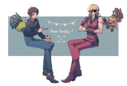 Rule 34 | 2boys, :o, amuro ray, black jacket, blonde hair, blue background, blue eyes, blue pants, boots, bottle, brown footwear, brown hair, cake, cake slice, char aznable, character request, closed mouth, eating, food, fork, full body, gloves, gundam, happy birthday, haro, highres, holding, holding fork, holding plate, hyaku shiki, invisible chair, jacket, long sleeves, male focus, mecha, multiple boys, pants, pennant, pin (penco co), plate, quattro bajeena, red footwear, red gloves, red jacket, red pants, robot, shirt, short hair, sideways glance, simple background, sitting, sleeveless, sleeveless jacket, sleeveless shirt, smile, socks, strawberry shortcake, string of flags, sunglasses, turtleneck, white background, white shirt, white socks, wine bottle, yellow shirt, zeta gundam