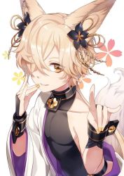 Rule 34 | animal ears, backless outfit, bell, fox boy, fox ears, fox tail, granblue fantasy, hair bell, hair ornament, hair over one eye, jiman, kou (granblue fantasy), large tail, looking at viewer, male focus, nail polish, solo, tail