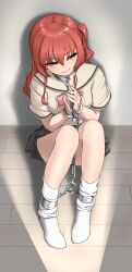 1girl absurdres bocchi_the_rock! bound bound_ankles bound_wrists chain collar commission cuffs cuffs-to-collar dochi_(dosa_dosa_dosa) green_eyes half-closed_eyes highres kita_ikuyo lock medium_hair metal_collar on_floor padlock red_hair school_uniform second-party_source shackles sitting skeb_commission smile socks solo wrists_to_ankles