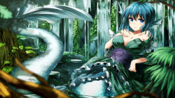 Rule 34 | 1girl, blue eyes, blue hair, blush, breasts, cleavage, fins, forest, head fins, highres, ibuki notsu, japanese clothes, kimono, matching hair/eyes, mermaid, monster girl, nature, obi, parted lips, sash, short hair, solo, touhou, tree, wakasagihime, water, waterfall, wide sleeves