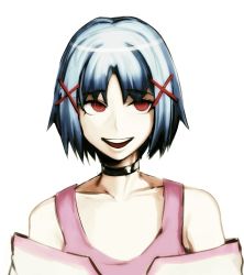 Rule 34 | 1girl, bare shoulders, black choker, blue hair, check copyright, choker, collarbone, commentary, copyright request, danganronpa (series), hair ornament, hairclip, highres, kyandii, open mouth, parody, pink tank top, red eyes, short hair, simple background, smile, solo, style parody, tank top, teeth, upper body, upper teeth only, white background, x hair ornament