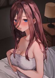 Rule 34 | 1girl, bed, bed sheet, blue eyes, blush, breast hold, breasts, brown hair, cleavage, commentary request, go-toubun no hanayome, hair between eyes, hand on own chest, highres, indoors, lamp, lampshade, large breasts, long hair, looking at viewer, medium breasts, memidesuyo, nakano miku, naked towel, nightstand, on bed, sidelocks, solo, straight hair, towel, window