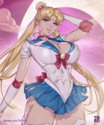 Rule 34 | 1girl, alternate breast size, arm behind head, arttoru, bishoujo senshi sailor moon, blonde hair, blue eyes, breasts, cleavage, covered navel, highres, large breasts, legs, looking at viewer, moon, parted lips, pink lips, sailor moon, skirt, smile, thick thighs, thighs, twintails