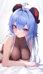 Rule 34 | ahoge, bare arms, bare shoulders, black bodysuit, blue hair, bodysuit, breasts, covered erect nipples, crossed bangs, ganyu (genshin impact), genshin impact, goat horns, gold trim, highres, horns, large breasts, long hair, luma li, lying, no detached sleeves, on stomach, paid reward available, parted lips, purple eyes, skin tight, upper body