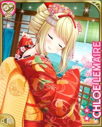 Rule 34 | 1girl, alternate hairstyle, blonde hair, blue eyes, bow, breasts, character name, chloe lemaire, closed mouth, closed eyes, fur trim, girlfriend (kari), hair ornament, indoors, japanese clothes, kimono, long hair, official art, orange bow, qp:flapper, red kimono, smile, solo, tagme