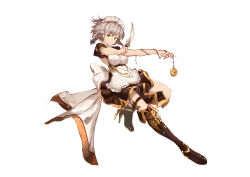 Rule 34 | 1girl, apron, aqua eyes, bare arms, black footwear, boots, breasts, chain, full body, highres, holding, holding knife, izayoi sakuya, knife, looking at viewer, lumo 1121, medium breasts, outstretched arms, pocket watch, puffy short sleeves, puffy sleeves, short sleeves, silver hair, simple background, solo, touhou, waist apron, watch, white background