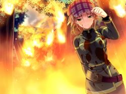Rule 34 | 1girl, amakura, amamiya kiza, arm behind back, belt, blood, blood on clothes, blood on face, breasts, breasts apart, brown hair, burning, cowboy shot, fire, forest, game cg, hat, highres, id -rebirth session-, id rebirth session, looking at viewer, medium breasts, nature, outdoors, short hair, smile, solo, standing