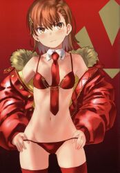 Rule 34 | 1girl, absurdres, bare shoulders, blush, bra, breasts, brown eyes, brown hair, closed mouth, fur trim, hair ornament, hairclip, hands on own hips, highres, jacket, lightning bolt, lightning bolt hair ornament, lightning bolt symbol, long sleeves, misaka mikoto, navel, necktie, off shoulder, open clothes, open jacket, panties, raika9, red bra, red jacket, red panties, red thighhighs, scan, shiny skin, short hair, simple background, small breasts, smile, solo, stomach, thighhighs, thighs, toaru kagaku no railgun, toaru majutsu no index, underwear
