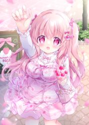Rule 34 | 1girl, arm up, breasts, chiika (cure cherish), commentary request, crepe, dress, english text, food, frilled sleeves, frills, fruit, holding, holding food, large breasts, long hair, long sleeves, neck ribbon, open mouth, original, outdoors, pink bag, pink dress, pink eyes, pink hair, pink ribbon, ribbon, shirt, smile, solo, strawberry, two side up, white shirt
