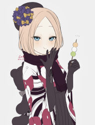 Rule 34 | 1girl, abigail williams (exhibition attire) (fate), abigail williams (fate), black bow, black gloves, black kimono, black scarf, blonde hair, blue eyes, blush, bow, breasts, dango, eating, elbow gloves, fate/grand order, fate (series), floral print, food, forehead, gloves, hair bow, highres, japanese clothes, kimono, layered clothes, layered kimono, long sleeves, looking at viewer, medium hair, multicolored clothes, multicolored kimono, oil-paper umbrella, orange bow, parted bangs, scarf, small breasts, stuffed toy, sumi (gfgf 045), umbrella, wagashi, wide sleeves