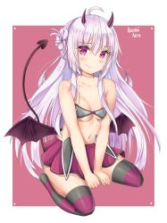 Rule 34 | 1girl, ahoge, bare arms, bare shoulders, bat wings, black thighhighs, black wings, blush, breasts, cleavage, collarbone, commission, demon girl, demon tail, highres, horns, kaptivate, long hair, looking at viewer, original, pointy ears, red background, red skirt, red thighhighs, simple background, skirt, smile, solo, striped clothes, striped thighhighs, tail, thighhighs, white background, wings