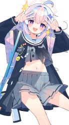 Rule 34 | 1girl, ahoge, black jacket, black neckerchief, blue archive, blush, double v, feet out of frame, grey serafuku, grey skirt, gun, hair between eyes, hair ornament, halo, jacket, koori, long hair, long sleeves, looking at viewer, multicolored hair, neckerchief, open clothes, open jacket, open mouth, pink hair, pink halo, pleated skirt, purple eyes, purple hair, reisa (blue archive), sailor collar, school uniform, serafuku, simple background, skirt, smile, solo, star (symbol), star hair ornament, twintails, v, weapon, white background, white sailor collar