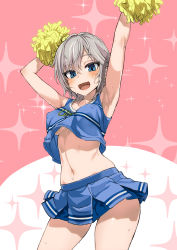 Rule 34 | 10s, 1girl, :d, anastasia (idolmaster), armpits, arms up, asanagi, blouse, blue eyes, blue shirt, blush, breasts, cheerleader, contrapposto, covered erect nipples, cowboy shot, crop top, crop top overhang, earrings, hair between eyes, highres, idolmaster, idolmaster cinderella girls, jewelry, looking at viewer, midriff, navel, no bra, open mouth, pink background, pom pom (cheerleading), ringed eyes, shirt, short hair, silver hair, skirt, smile, solo, sparkle, standing, stud earrings, sweat, underboob