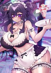 Rule 34 | 1girl, :3, absurdres, black bow, bow, breasts, bridal garter, cafe, chair, cleavage, cleavage cutout, clothing cutout, curvy, eyebrows, food, fruit, highres, ice cream, large breasts, maid, nail polish, nyarla (osiimi), original, osiimi, parfait, plate, purple eyes, purple hair, purple nails, strawberry, table, thick thighs, thighs, twintails, vaporwave, whipped cream