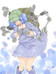Rule 34 | 1girl, backpack, bag, blue eyes, blue hair, blush, boots, grabbing another&#039;s breast, breasts, clothes lift, female focus, grabbing, groping, hair bobbles, hair ornament, hat, highres, kawashiro nitori, matching hair/eyes, mechanical arms, michael-x, one eye closed, randoseru, short hair, single mechanical arm, skirt, skirt lift, solo, touhou, twintails, two side up, wink