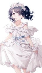 Rule 34 | 1girl, absurdres, angel wings, bare shoulders, black hair, collarbone, commentary request, dress, fangs, flower, frilled dress, frills, fukumaru koito, hair flower, hair ornament, highres, idolmaster, idolmaster shiny colors, jewelry, long dress, looking at viewer, medium hair, migolu, necklace, open mouth, purple eyes, skin fangs, skirt hold, solo, sundress, swept bangs, twintails, white background, white dress, wings