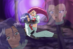 Rule 34 | 1boy, 1girl, blue hair, commentary, creatures (company), crying, english commentary, game freak, gloves, highres, injury, james (pokemon), jessie (pokemon), looking at another, nintendo, on floor, pokemon, pokemon (anime), shaami, sitting, streaming tears, team rocket, team rocket uniform, tears, worried