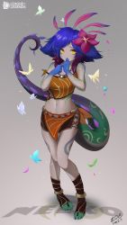 Rule 34 | 1girl, artist name, bare shoulders, blue hair, blue skin, breasts, bug, butterfly, colored skin, commentary, copyright name, dated, flower, grey skin, hair flower, hair ornament, hands up, highres, insect, league of legends, lizard tail, looking at viewer, medium hair, midriff, monster girl, multicolored hair, navel, neeko (league of legends), pink flower, reptile girl, slit pupils, small breasts, solo, standing, tail, vastaya, vegefish, yellow eyes