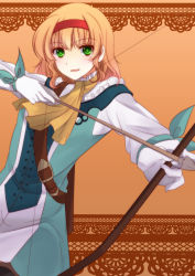 Rule 34 | 00s, 1girl, belt, blush, bow (weapon), dress, frills, gloves, green eyes, highres, natalia luzu kimlasca lanvaldear, open mouth, orange background, orange hair, pantyhose, scarf, tales of (series), tales of the abyss, weapon
