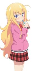 Rule 34 | 1girl, ahoge, blonde hair, blue eyes, commentary, cup, drinking, drinking straw, gabriel dropout, gabriel tenma white, hand in pocket, highres, hood, hoodie, long hair, plaid, plaid skirt, pleated skirt, school uniform, sincos, skirt, solo, very long hair, white background