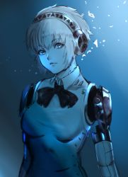 Rule 34 | 1girl, absurdres, aegis (persona), android, atlus, blonde hair, blue eyes, breasts, expressionless, head tilt, highres, kowai (iamkowai), limited palette, looking at viewer, mechanical arms, medium breasts, persona, persona 3, robot ears, sega, short hair, solo, upper body