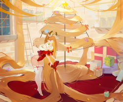 Rule 34 | absurdly long hair, absurdres, antlers, bag, bare arms, bauble, bell, blonde hair, blush, bow, box, breasts, christmas, christmas ornaments, christmas tree, cleavage, commentary, covered navel, deer tail, detached collar, english commentary, gift, gift box, hair bow, hair ribbon, helic (7317helic), highleg, highleg leotard, highres, holding, horns, jar, jewelry, ladder, leaning forward, leotard, long hair, looking at viewer, medium breasts, necklace, no shoes, off shoulder, original, paper bag, purple eyes, rapunzel, rapunzel (grimm), red bow, red leotard, red ribbon, reindeer antlers, reindeer girl, ribbon, rug, solo, standing, star (symbol), strapless, strapless leotard, tail, thigh strap, thighhighs, tile floor, tiles, tiptoes, tress ribbon, very long hair, white thighhighs, window