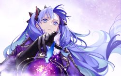 Rule 34 | 1girl, black gloves, blue hair, bodysuit, cape, commentary request, crescent, crescent facial mark, expressionless, facial mark, fate/grand order, fate (series), forehead, forehead mark, gloves, hair ornament, highres, ishtar (fate), long hair, multicolored hair, orb, purple cape, purple eyes, purple hair, siya ho, solo, space ishtar (astarte origin) (fate), space ishtar (fate), star (symbol), starry background, symbol-shaped pupils, two-tone hair, two side up