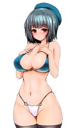 Rule 34 | 10s, 1girl, adapted costume, bikini, black hair, blush, breasts, curvy, female focus, hat, highleg, highleg bikini, highleg swimsuit, ishimiso (ishimura), kantai collection, large breasts, looking at viewer, red eyes, short hair, simple background, smile, solo, swimsuit, takao (kancolle), thighhighs, wide hips