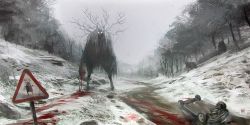 Rule 34 | blood, blood stain, car, day, forest, glowing, glowing eyes, looking at viewer, md5 mismatch, monster, motor vehicle, nachoyague, nature, no humans, original, road, road sign, sign, signature, sky, snow, tree, troll, upside-down, vehicle