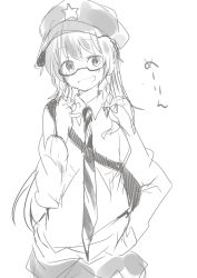 Rule 34 | 1girl, alternate costume, bad id, bad pixiv id, bag, bespectacled, cabbie hat, casual, female focus, glasses, greyscale, grin, hand in pocket, hat, hong meiling, long hair, monochrome, necktie, pun2, ruffling hair, simple background, smile, solo, touhou