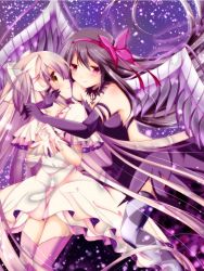 Rule 34 | 10s, 2girls, absurdly long hair, akemi homura, akuma homura, argyle, argyle clothes, argyle legwear, bad id, bad pixiv id, bare shoulders, black dress, black gloves, black hair, blush, dress, elbow gloves, eye contact, feathers, gloves, hair between eyes, hair ribbon, hand on another&#039;s cheek, hand on another&#039;s face, kaname madoka, light particles, long hair, looking at another, mahou shoujo madoka magica, mahou shoujo madoka magica: hangyaku no monogatari, multiple girls, pink eyes, pink hair, pink legwear, pink ribbon, ribbon, sakura romu, shiny skin, smile, spoilers, thighhighs, two side up, ultimate madoka, very long hair, white dress, white gloves, white ribbon, wings, yellow eyes, yuri