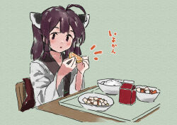 Rule 34 | 1girl, :o, ahoge, blush, bowl, brown eyes, brown hair, chair, food, food request, green background, headgear, holding, holding food, japanese clothes, kimono, lamb (hitsujiniku), long sleeves, looking at viewer, obi, on chair, parted lips, plate, sash, simple background, solo, table, touhoku kiritan, translation request, tray, upper body, voiceroid, white kimono, wide sleeves