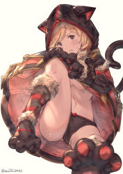 Rule 34 | 1girl, alternate costume, animal ears, animal hands, animal hood, bad id, bad pixiv id, black panties, blonde hair, blurry, blush, bow, bow panties, breasts, brown eyes, capelet, cat ears, cat tail, depth of field, djeeta (granblue fantasy), fake animal ears, fur trim, gloves, granblue fantasy, grass, head tilt, highres, hood, hood up, kemonomimi mode, looking at viewer, medium breasts, milli little, navel, no pants, open mouth, panties, parted lips, paw gloves, paw shoes, shoes, short hair, simple background, sitting, solo, spread legs, tail, underboob, underwear, white background