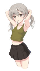 Rule 34 | 1girl, arms up, black skirt, brown eyes, closed mouth, commentary, cowboy shot, cropped legs, flipper, girls und panzer, green shirt, hair tie, hands in hair, highres, light brown hair, looking at viewer, low twintails, medium hair, midriff, miniskirt, pleated skirt, shimada arisu, shirt, simple background, skirt, smile, solo, standing, tank top, twintails, white background