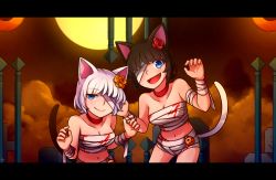 Rule 34 | 2girls, :d, animal ears, bandaged arm, bandaged head, bandages, bare shoulders, black hair, blood, blood stain, blue eyes, breasts, cat ears, cat tail, chocolate (rabi ribi), choker, claw pose, cleavage, cloud, collarbone, commentary, english commentary, eyes visible through hair, fang, flower, full moon, hair flower, hair ornament, halloween, halloween costume, hands up, highres, letterboxed, looking at viewer, medium breasts, midriff, moon, multiple girls, mummy costume, navel, one eye covered, open mouth, pumpkin, rabi-ribi, red choker, short hair, smile, speckticuls, tail, vanilla (rabi ribi), white hair