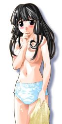 Rule 34 | 00s, 1girl, adult baby, biting, black eyes, black hair, blush, breasts, censored, convenient censoring, diaper, elfen lied, female focus, finger biting, hair censor, hair over breasts, long hair, no bra, nozomi (elfen lied), okamoto lynn, simple background, solo, standing, topless, white background