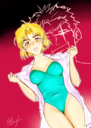 Rule 34 | 1boy, 1girl, akagi ritsuko, artist name, blonde hair, breasts, breasts apart, dutch angle, earrings, gradient background, green one-piece swimsuit, grin, highres, hip focus, hori shin, jewelry, lab coat, legs together, looking at viewer, medium breasts, mole, mole under eye, neon genesis evangelion, no bra, one-piece swimsuit, open clothes, open shirt, orange eyes, outline, red background, red eyes, shirt, short hair, simple background, skin tight, smile, suzuhara touji, swimsuit, swimsuit under clothes, thighs, undressing, white shirt