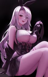 Rule 34 | 1girl, absurdres, arm support, azur lane, bare shoulders, black gloves, black skirt, breasts, clothing cutout, corset, doham, gloves, hair between eyes, hair ornament, hair ribbon, highres, large breasts, long hair, looking at viewer, mole, mole under eye, open mouth, parted bangs, prinz heinrich (azur lane), red eyes, ribbon, skirt, teeth, thigh strap, thighs, underboob, upper teeth only, white hair