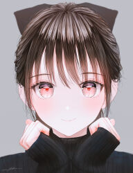 Rule 34 | 1girl, absurdres, black sweater, bow, brown hair, closed mouth, grey background, hair between eyes, hair bow, highres, long sleeves, looking at viewer, ojay tkym, original, portrait, red eyes, ribbed sweater, short hair, signature, simple background, sleeves past wrists, smile, solo, sweater, turtleneck, turtleneck sweater