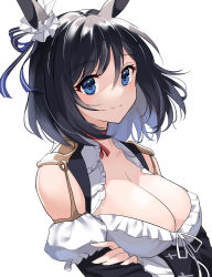 Rule 34 | 1girl, absurdres, akitsuki (oenothera), animal ears, black hair, blue eyes, blue ribbon, bow, breasts, cleavage, closed mouth, crossed arms, ear ribbon, eishin flash (umamusume), highres, horse ears, horse girl, large breasts, ribbon, short hair, simple background, smile, solo, umamusume, white background