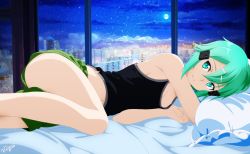 Rule 34 | 1girl, absurdres, aqua eyes, artist name, ass, bed sheet, benjoerres, black tank top, breasts, cleavage, derivative work, full moon, green hair, green shorts, hair ornament, hairclip, highres, looking at viewer, lying, medium breasts, midriff, moon, navel, night, night sky, on bed, on side, pillow, short hair, short shorts, shorts, sideboob, sinon, sky, smile, solo, star (sky), starry sky, stomach, sword art online, tank top