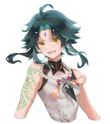 Rule 34 | 1boy, ahoge, arm tattoo, bare shoulders, bead necklace, beads, black hair, facial mark, fangs, forehead mark, genshin impact, green hair, highres, jewelry, long hair, looking at viewer, male focus, multicolored hair, necklace, open mouth, parted bangs, raicyou7, simple background, sleeveless, slit pupils, smile, solo, tassel, tattoo, xiao (genshin impact), yellow eyes