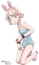 Rule 34 | 1girl, abaratani kurou, adapted costume, aki (girls und panzer), animal ears, blue footwear, blue leotard, blush, breasts, collar, commentary, dated, detached collar, fake animal ears, fake tail, flats, frown, full body, girls und panzer, green eyes, hair tie, highres, kneeling, leaning forward, leotard, light brown hair, looking at viewer, one-hour drawing challenge, open mouth, playboy bunny, rabbit ears, rabbit tail, ribbed leotard, short hair, short twintails, simple background, small breasts, solo, strapless, strapless leotard, tail, twintails, twitter username, white background, white collar, wristband